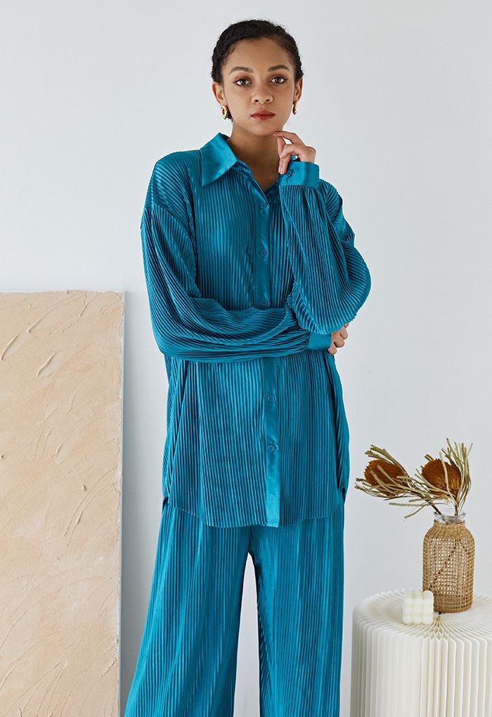 Conjunto completo de camisa y pantalón plisado plisado en verde azulado -  Retro, Indie and Unique Fashion