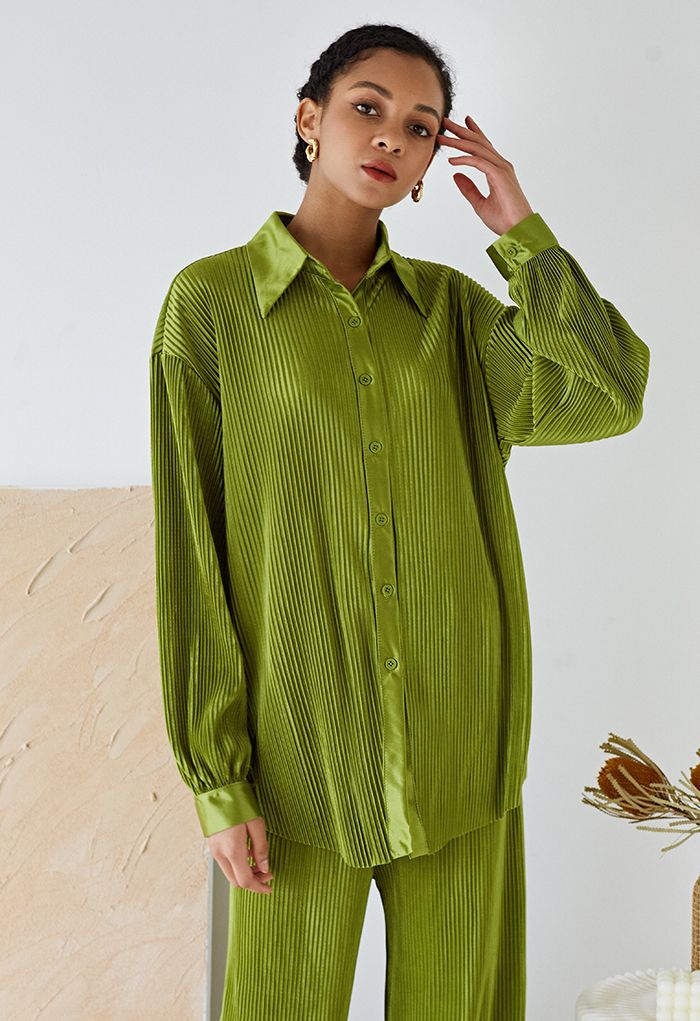 Conjunto de camisa y pantalón plisado completo en verde musgo - Retro,  Indie and Unique Fashion
