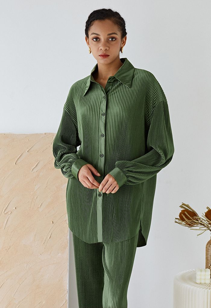 Conjunto completo de camisa y pantalón plisado plisado en verde - Retro, Indie and Unique Fashion