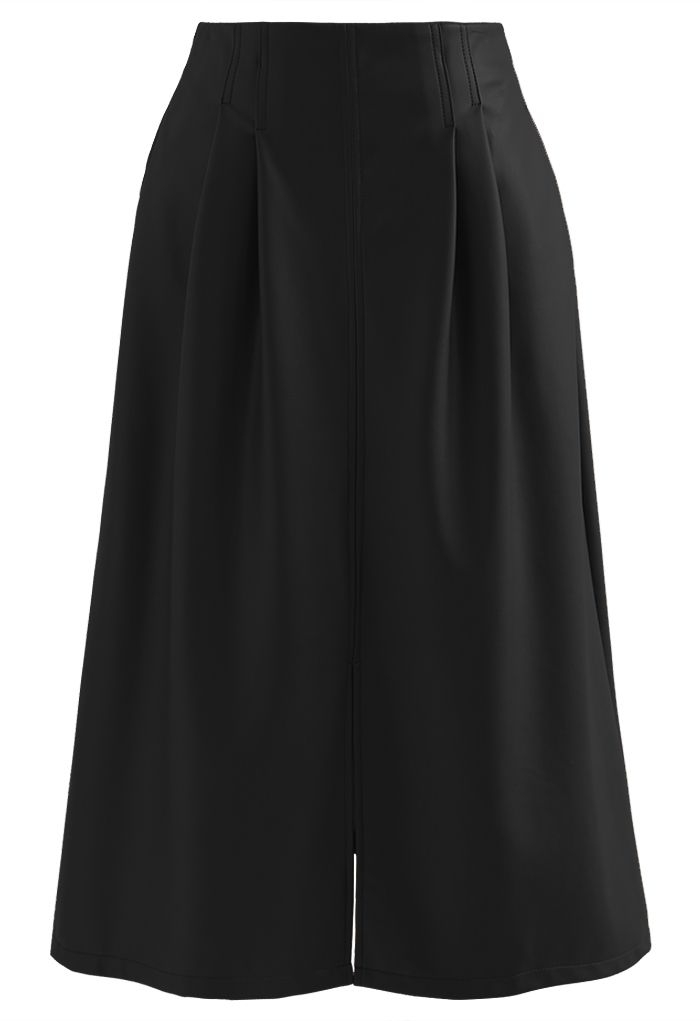 Falda midi de cuero sintético con abertura en el bajo en negro