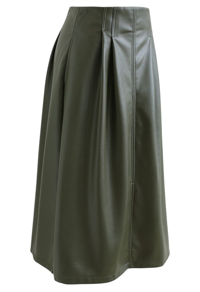 Falda midi de cuero sintético con abertura en el bajo en verde oscuro