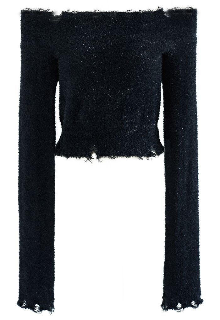Suéter corto de punto difuso brillante en negro