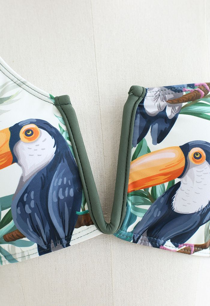 Conjunto de bikini con mangas con volantes y estampado de pájaros