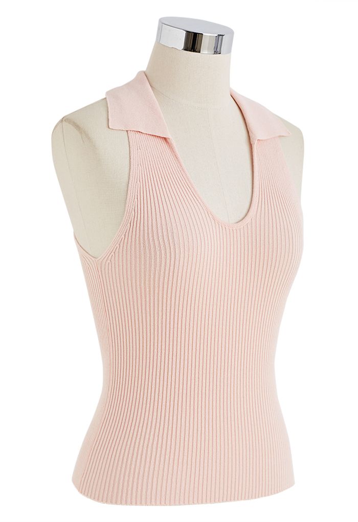 Camiseta sin mangas de punto con cuello vuelto en rosa