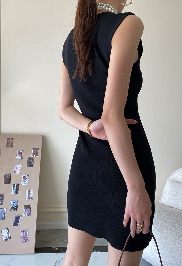 Mini vestido de punto sin mangas negro sólido