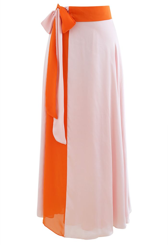 Falda larga cruzada empalmada con cintura anudada en naranja