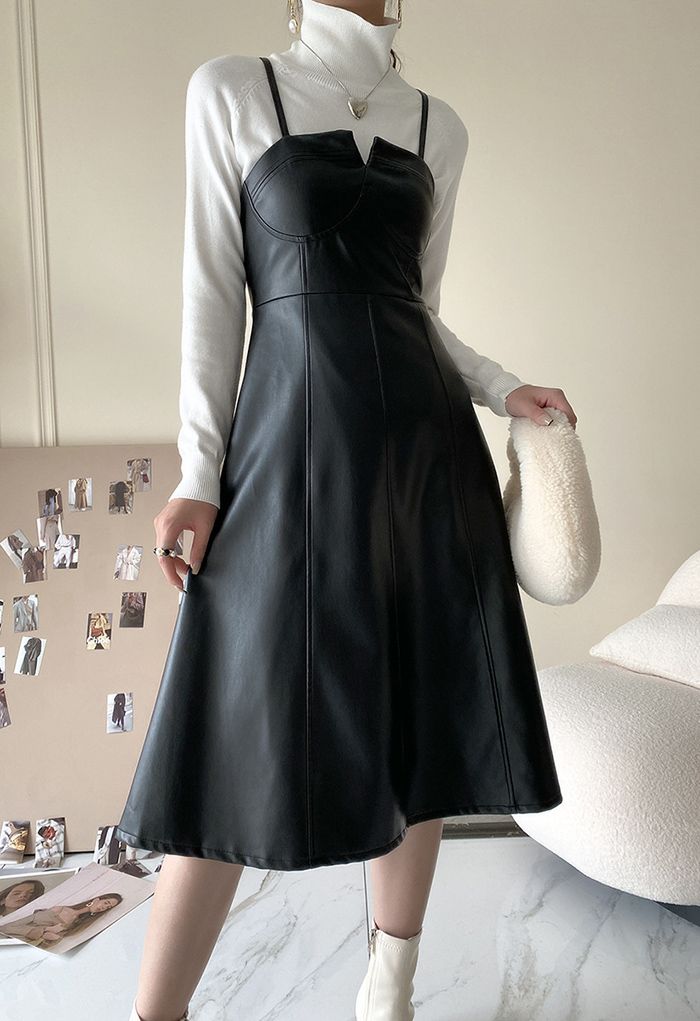 Vestido camisola con detalle de costuras de cuero PU en negro