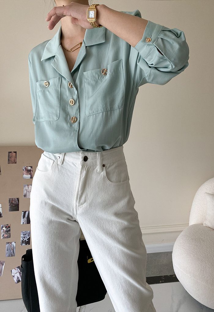 Camisa de manga larga con botones de aro en menta