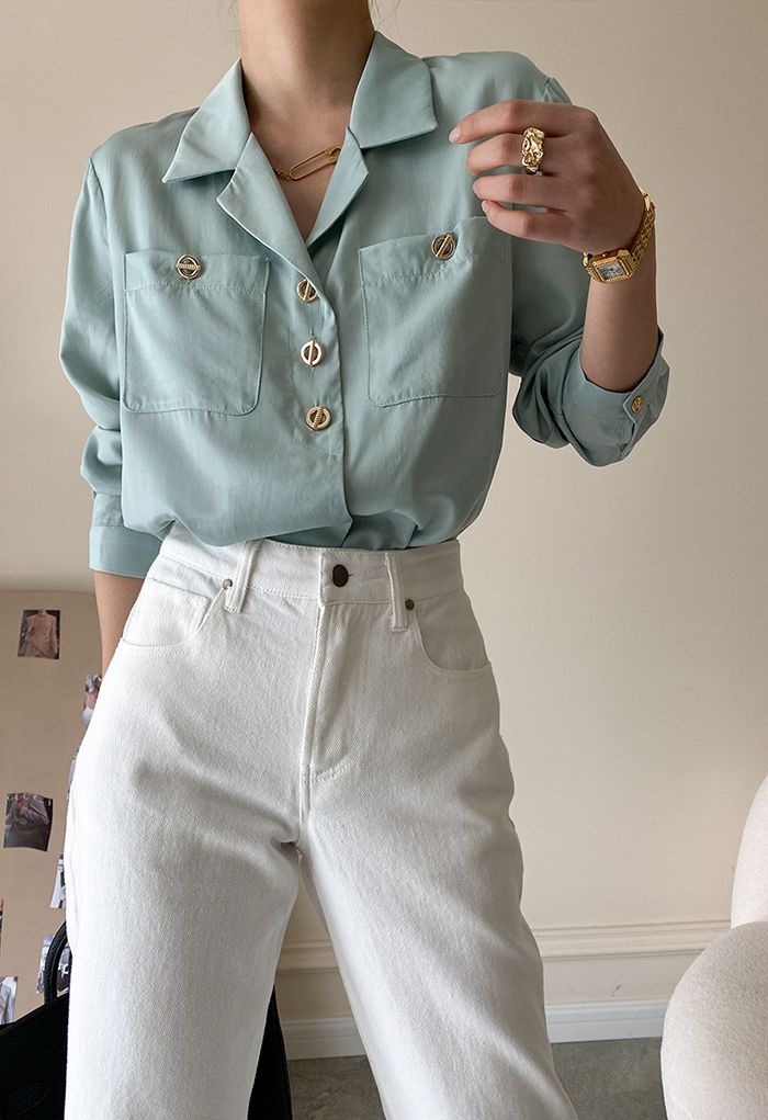Camisa de manga larga con botones de aro en menta