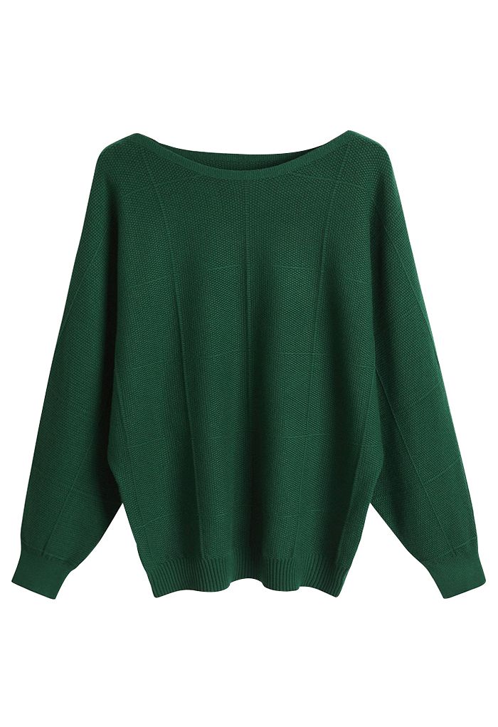 Cozy Boat Neck Batwing Sleeve Sweater en verde oscuro