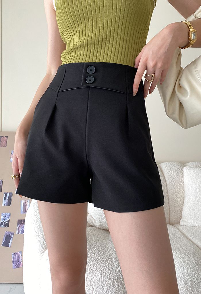 Shorts de cintura con botones en negro - Retro, Indie and Unique Fashion