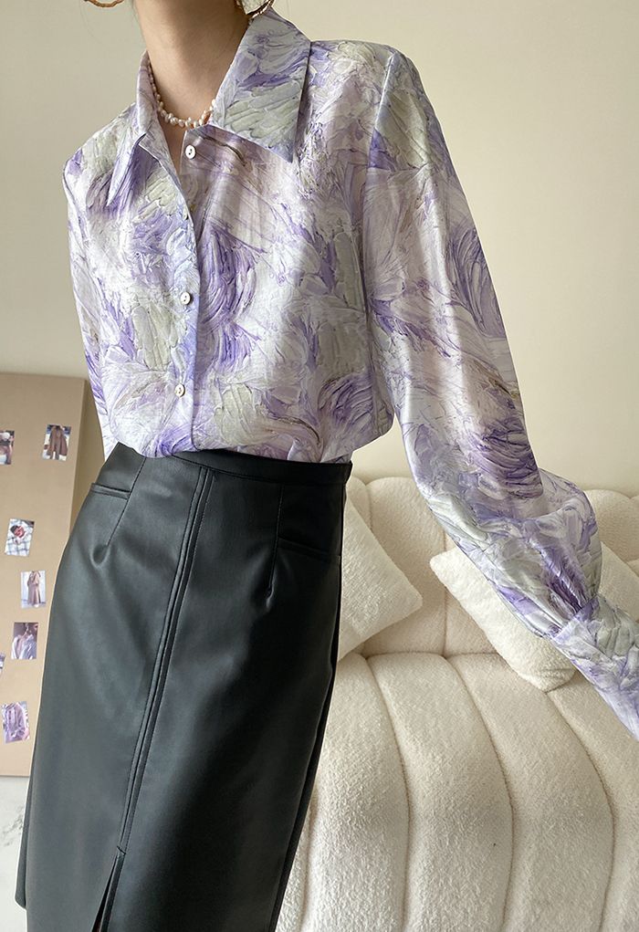 Camisa con Botones y Manchas de Acuarela en Púrpura