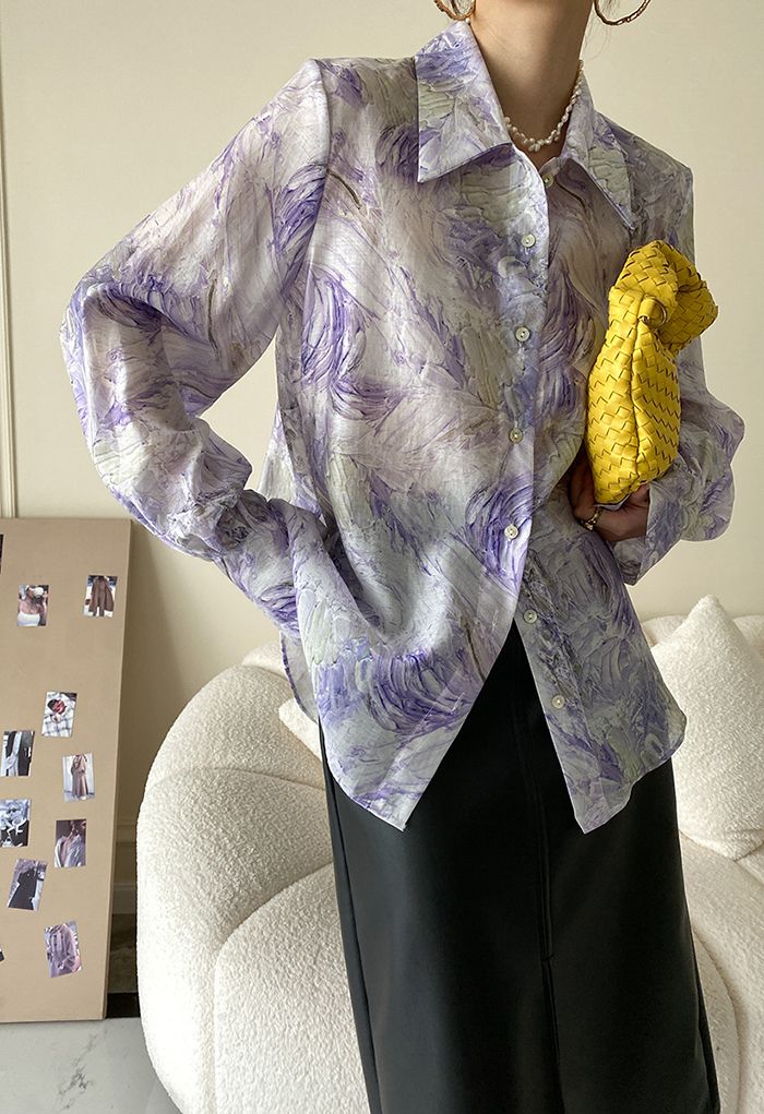 Camisa con Botones y Manchas de Acuarela en Púrpura