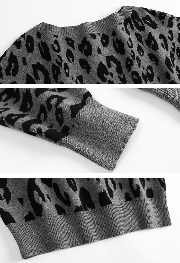 Jersey con mangas de murciélago y jacquard de leopardo en gris