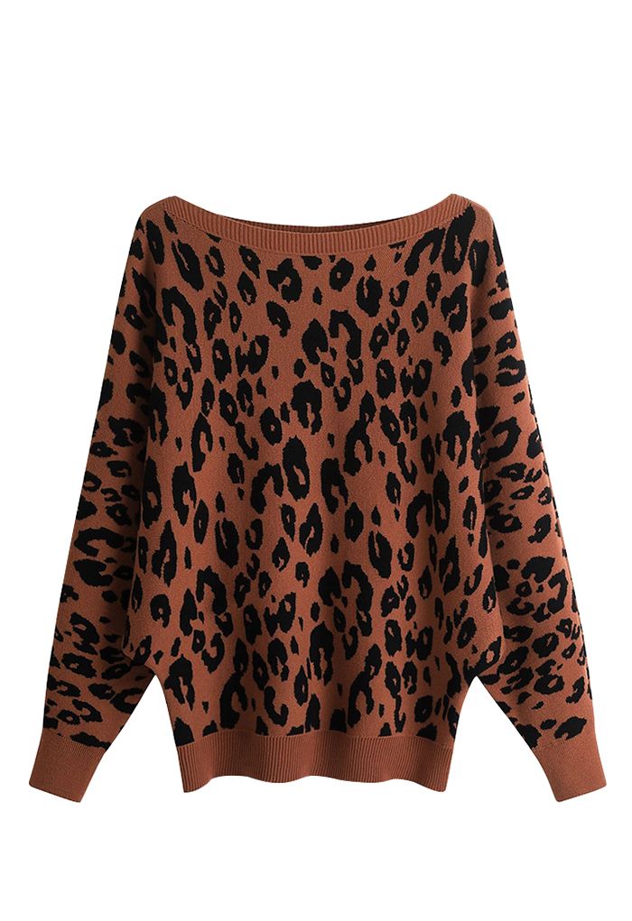 Suéter con manga de murciélago de jacquard de leopardo en caramelo