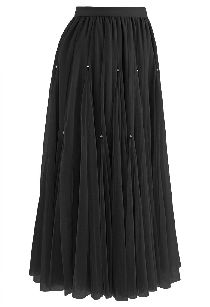 Falda de tul de color liso adornada con cristales en negro