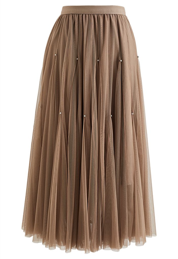 Falda de tul de color liso adornada con cristales en marrón