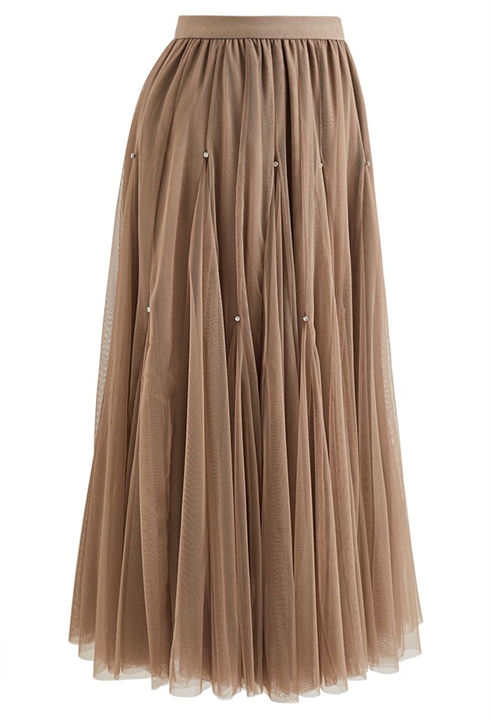 Falda de tul de color liso adornada con cristales en marrón