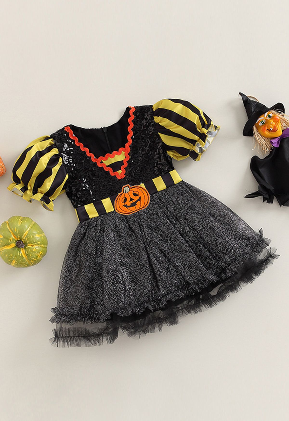 Vestido de disfraz de Halloween a rayas con parche de calabaza para niños