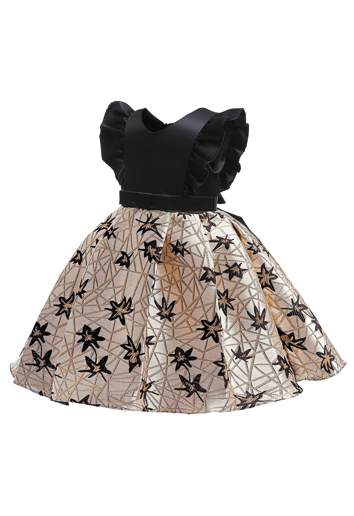 Vestido plisado con lazo y volantes de hojas de jacquard para niña en negro