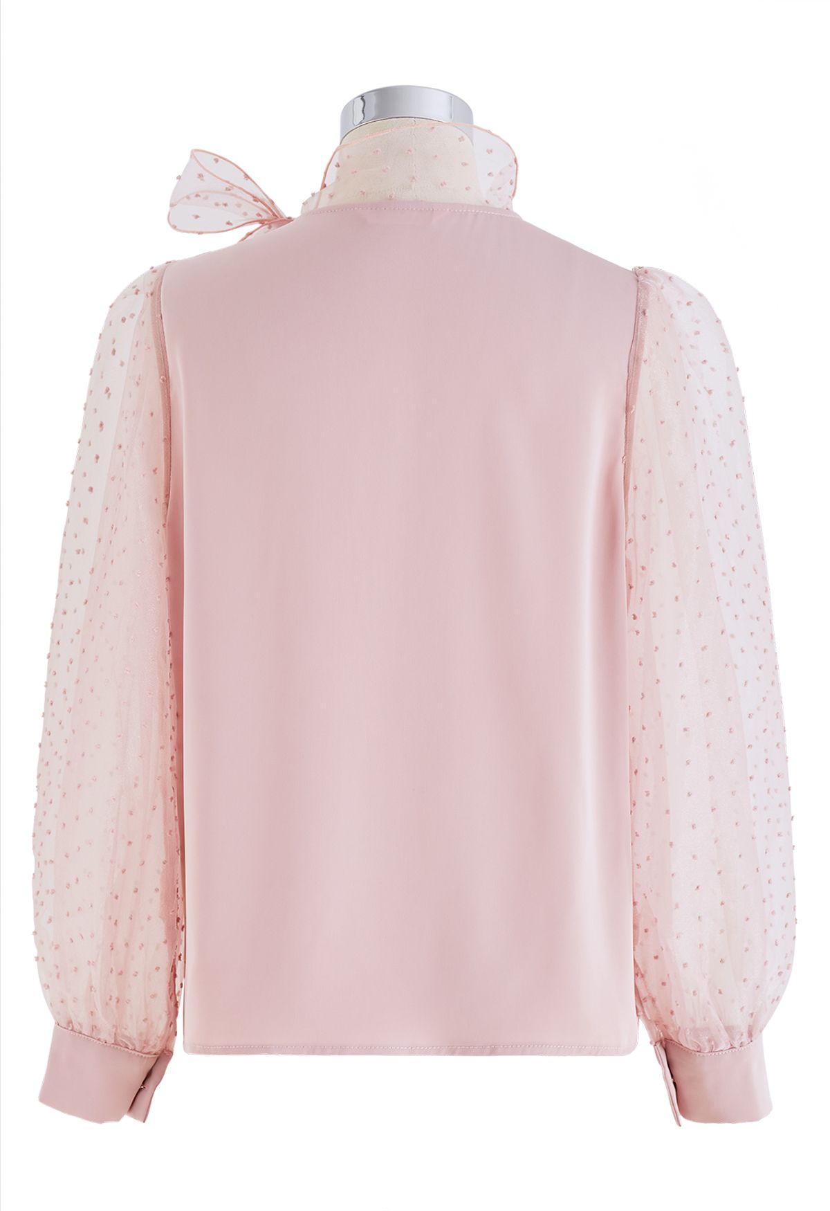 Camisa de raso con lazo y manga de burbuja de organza con lunares aterciopelados en rosa