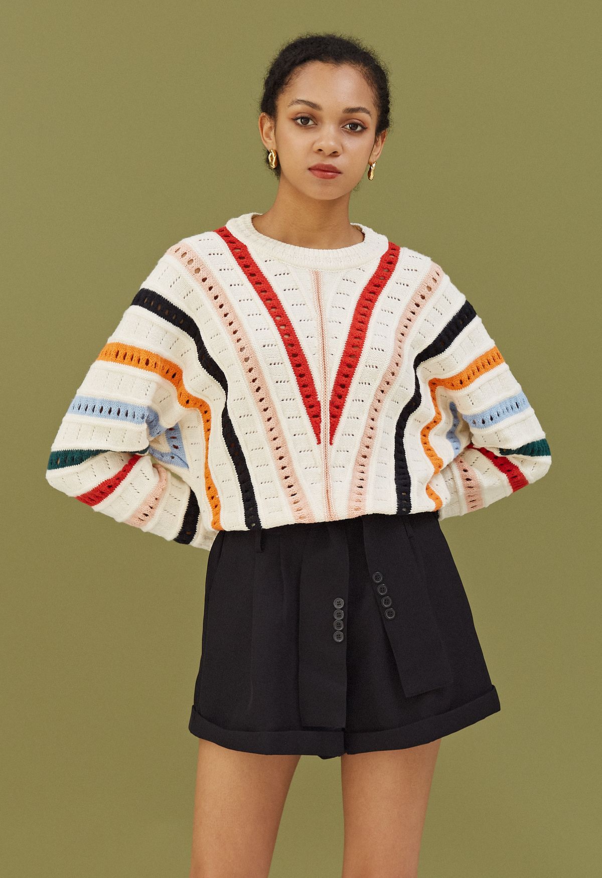 Suéter de punto hueco con rayas en forma de V de colores