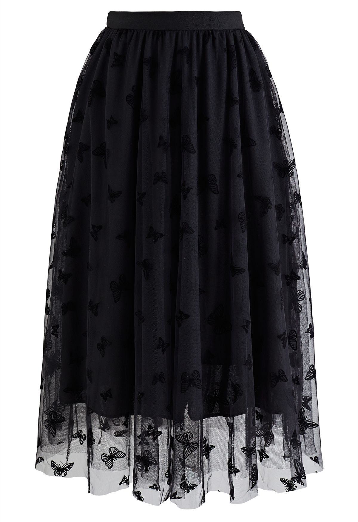 Falda midi de tul con malla de mariposa de terciopelo en negro