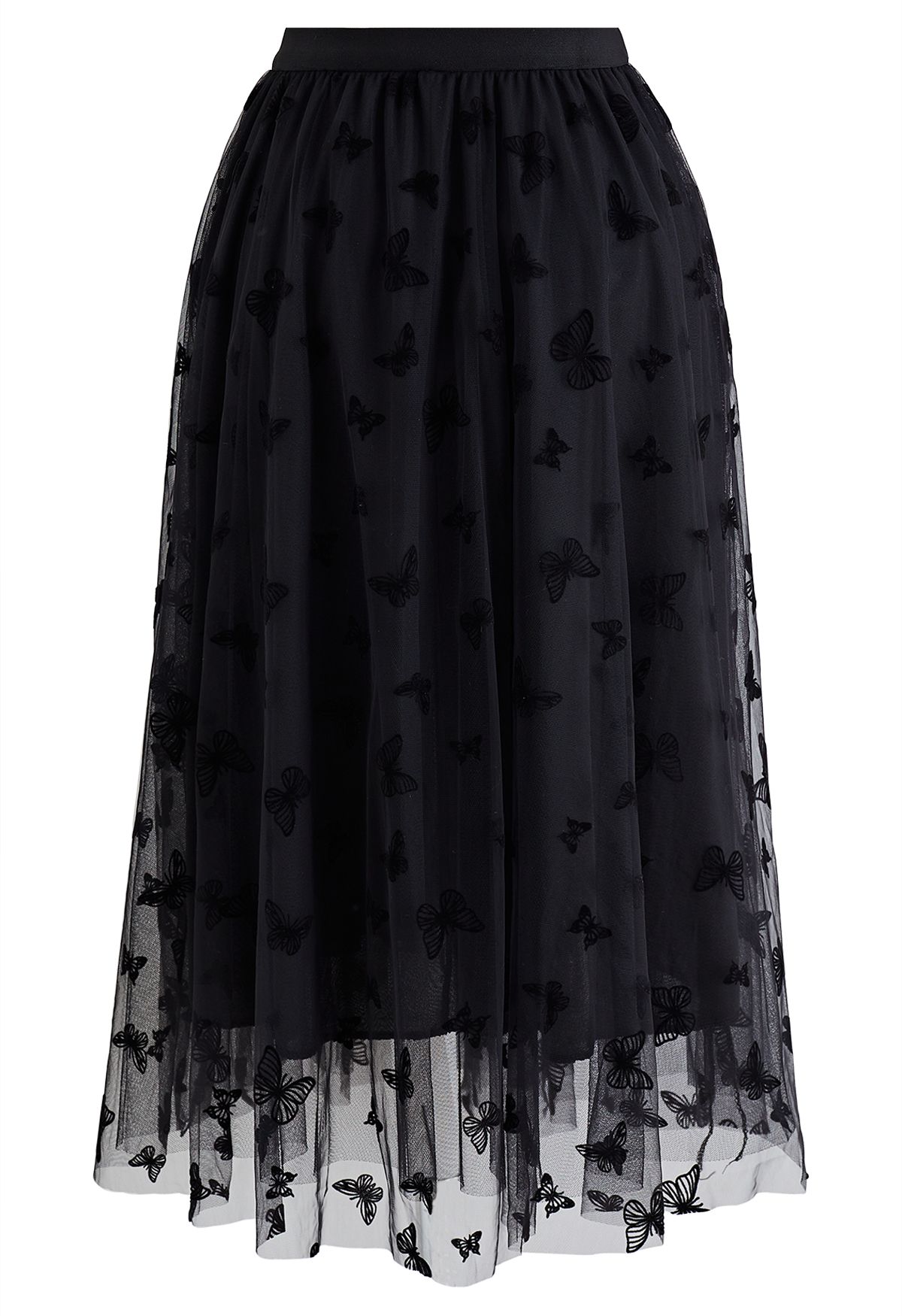Falda midi de tul con malla de mariposa de terciopelo en negro