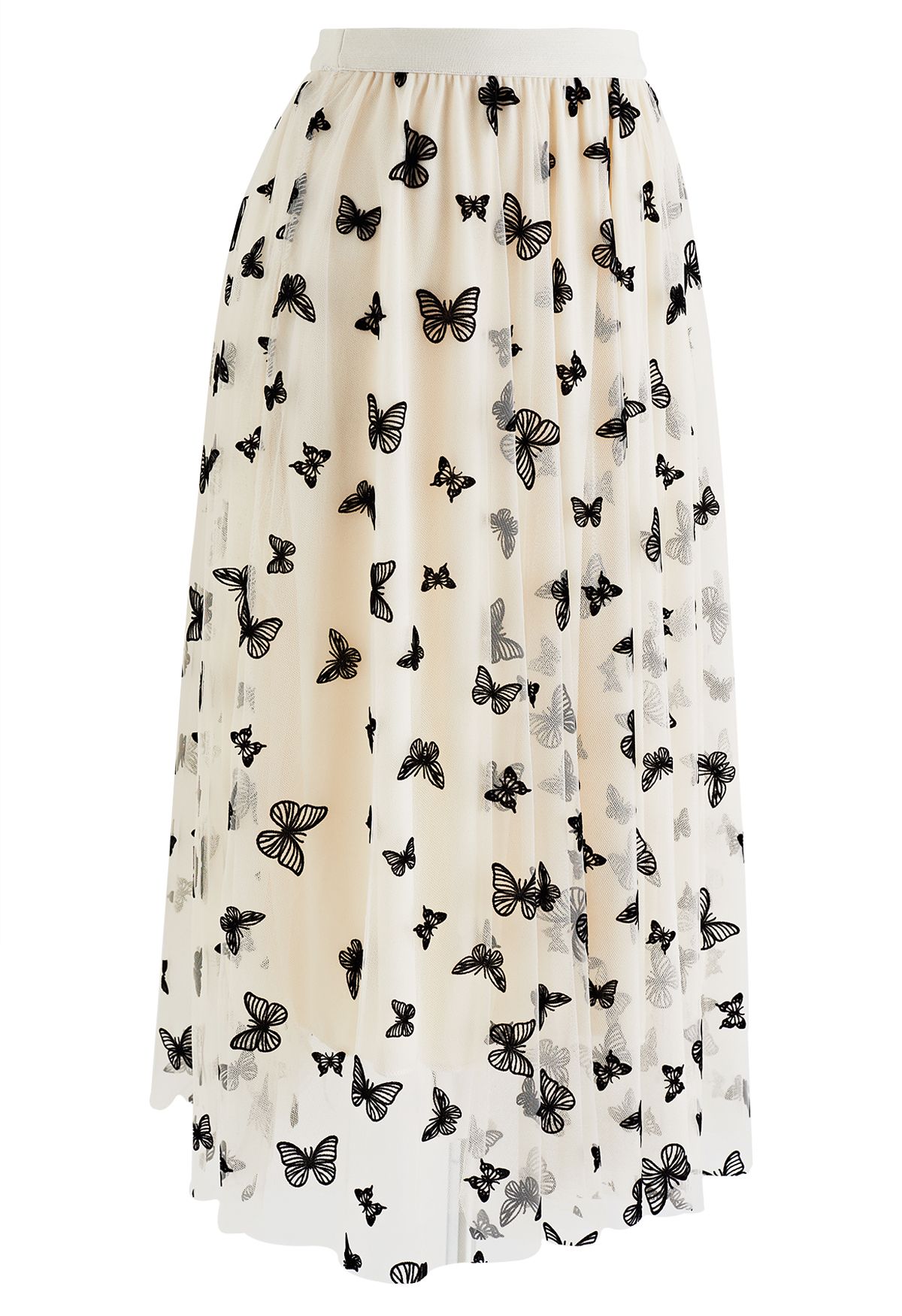 Falda midi de tul con malla de mariposa de terciopelo en color crema
