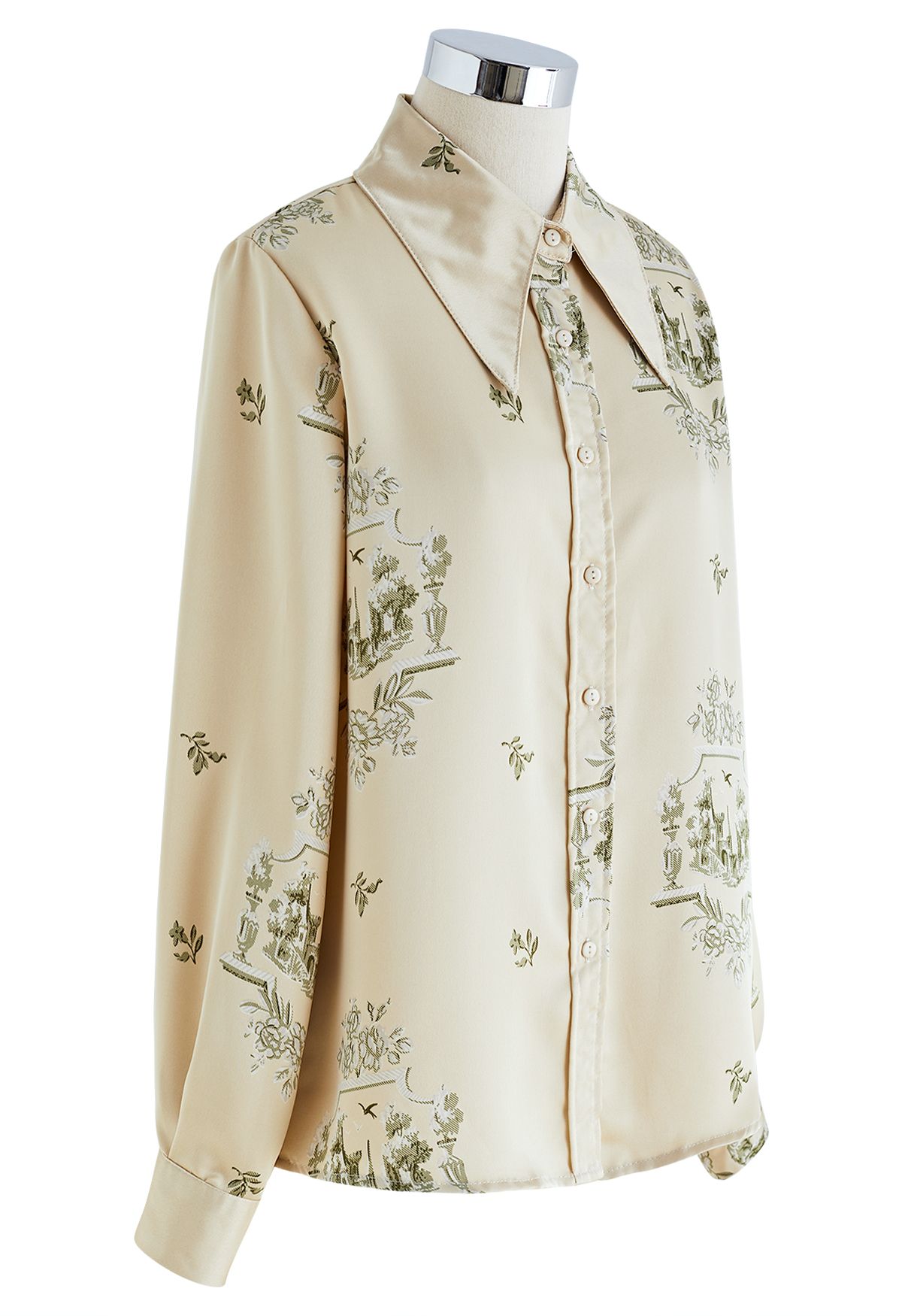 Camisa con botones de satén con estampado floral de castillo en pistacho