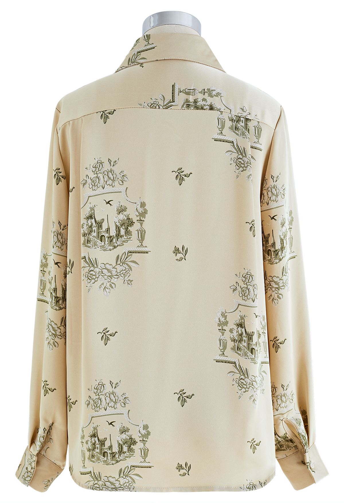 Camisa con botones de satén con estampado floral de castillo en pistacho