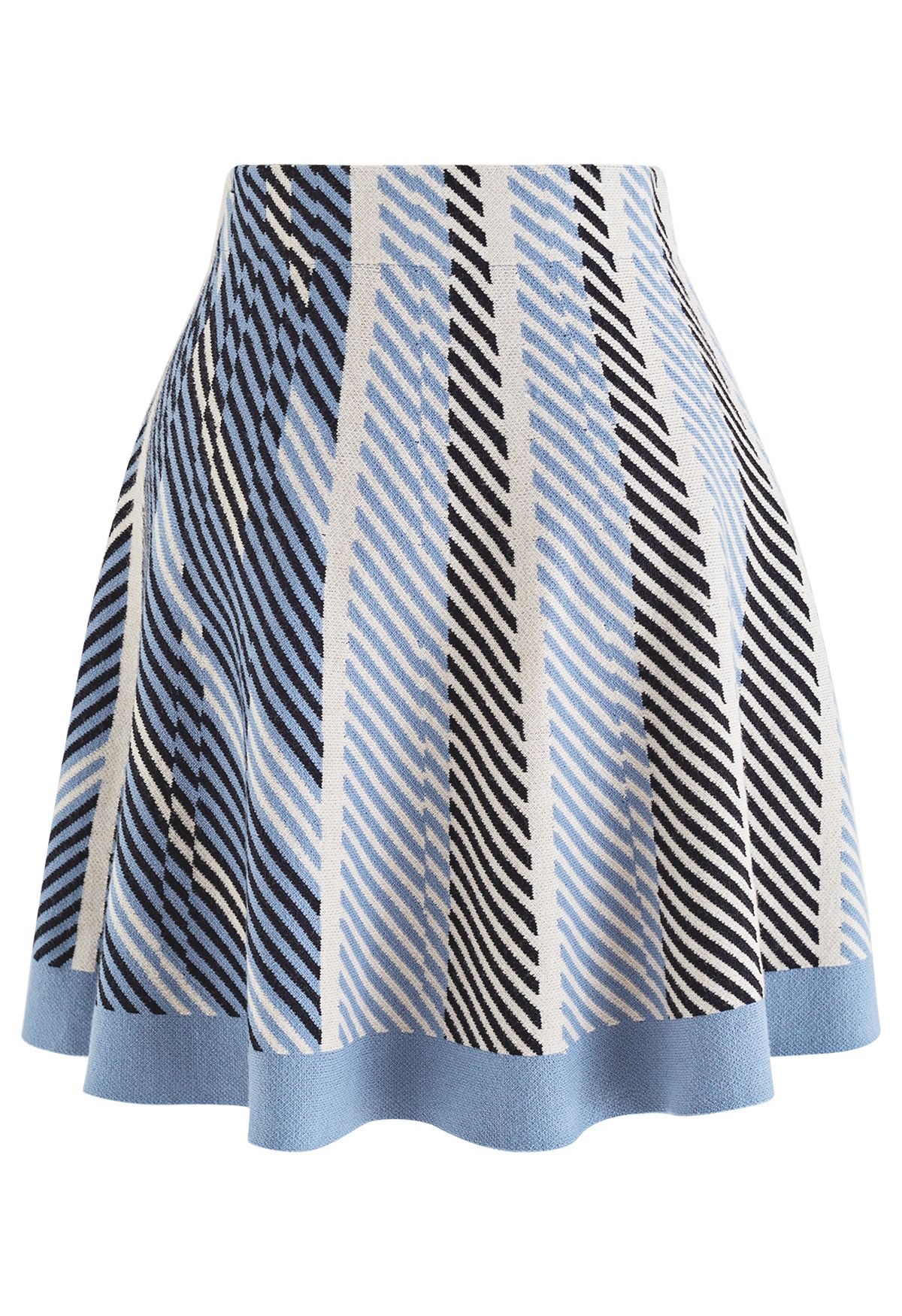 Falda de punto acampanada con rayas de cintura alta en azul