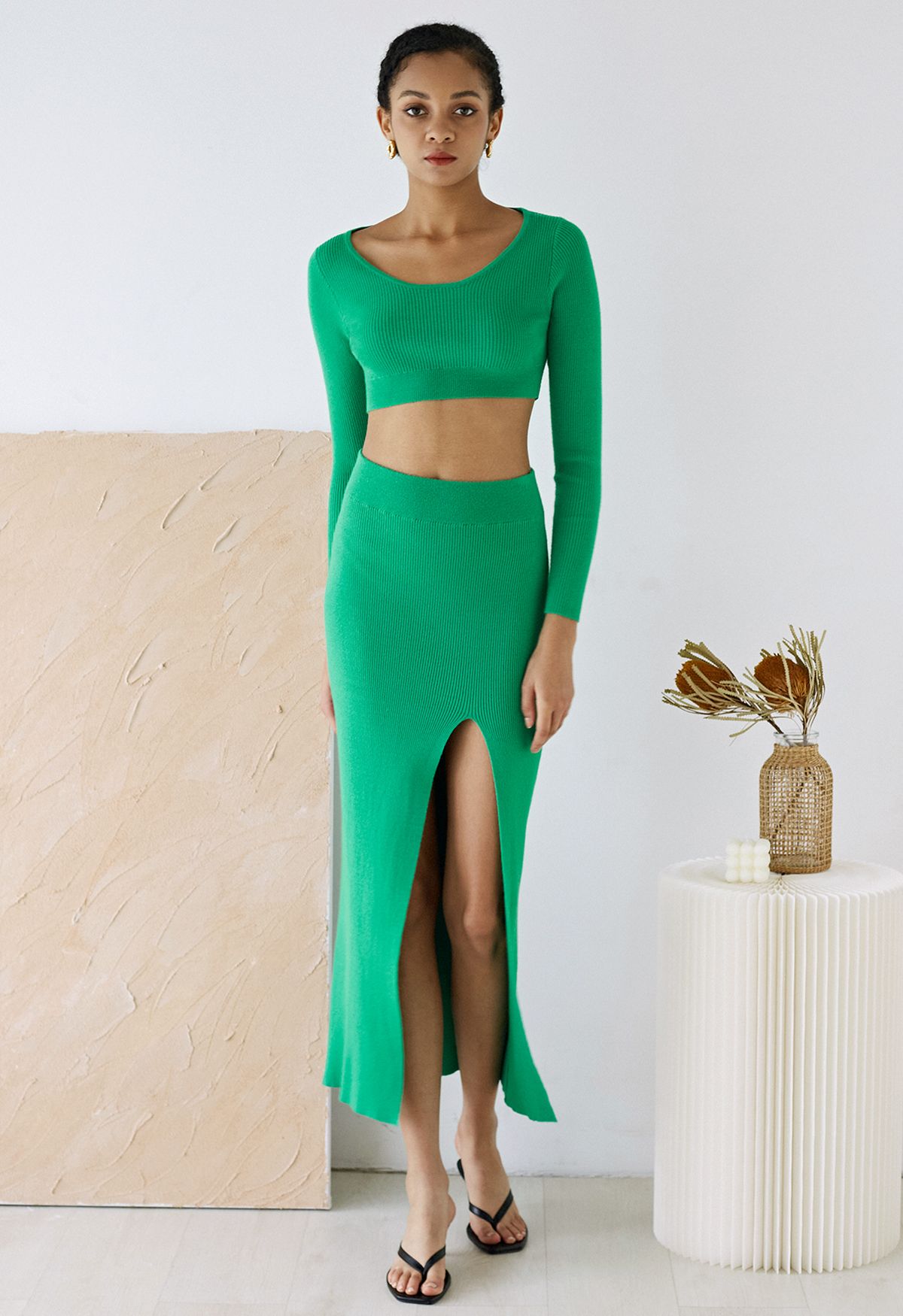 Conjunto de corto de punto falda con abertura alta en verde Retro, Indie and Unique Fashion