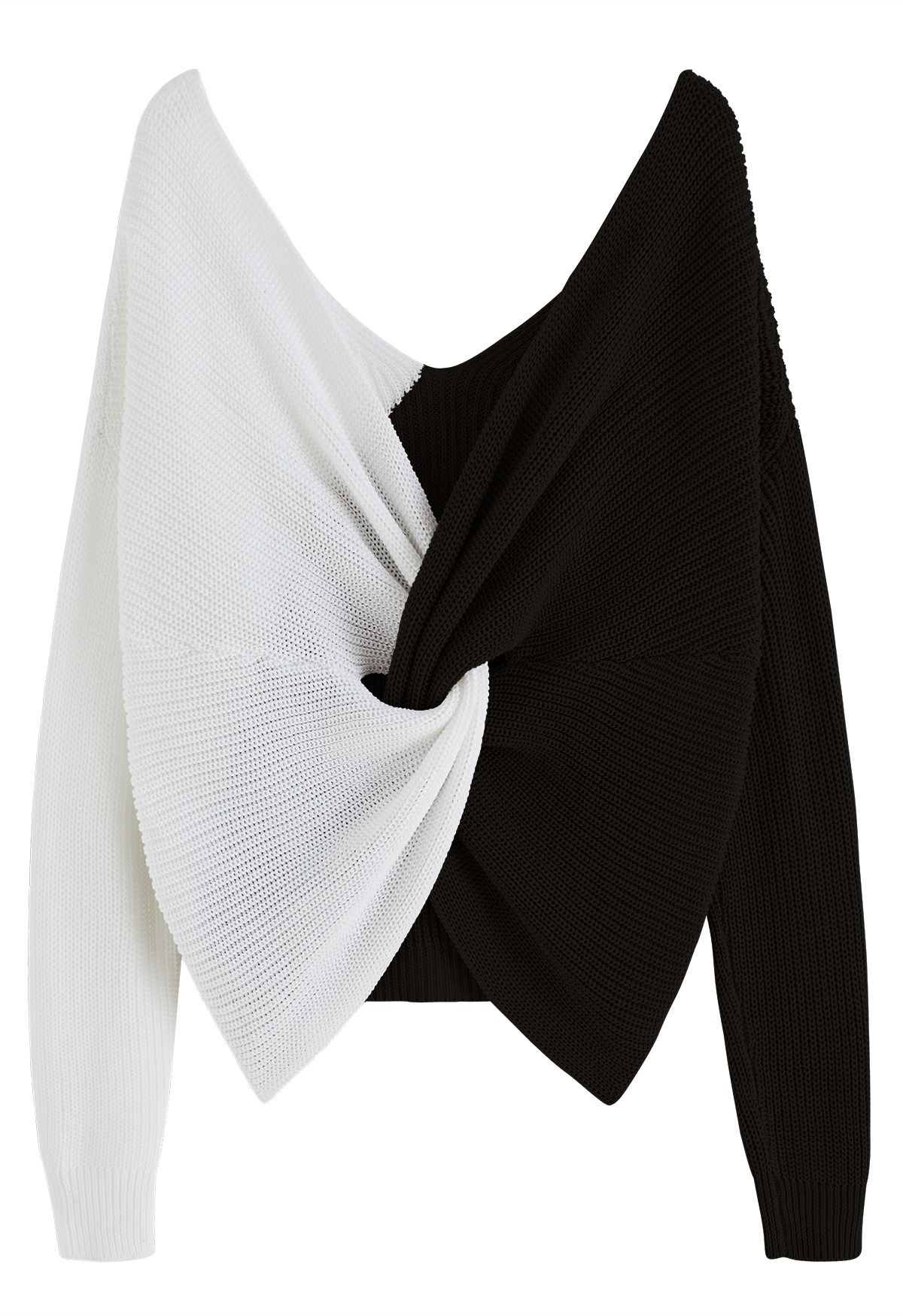 Suéter de dos tonos con cuello en V y parte delantera torcida en negro