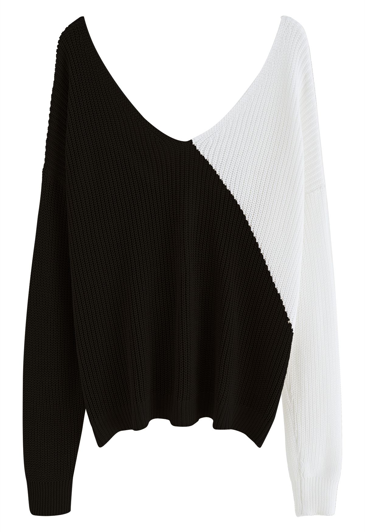 Suéter de dos tonos con cuello en V y parte delantera torcida en negro