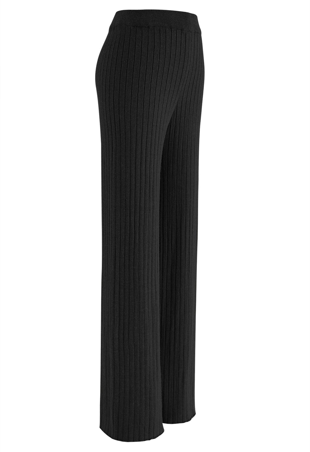 Pantalones de punto de canalé con pernera recta en negro