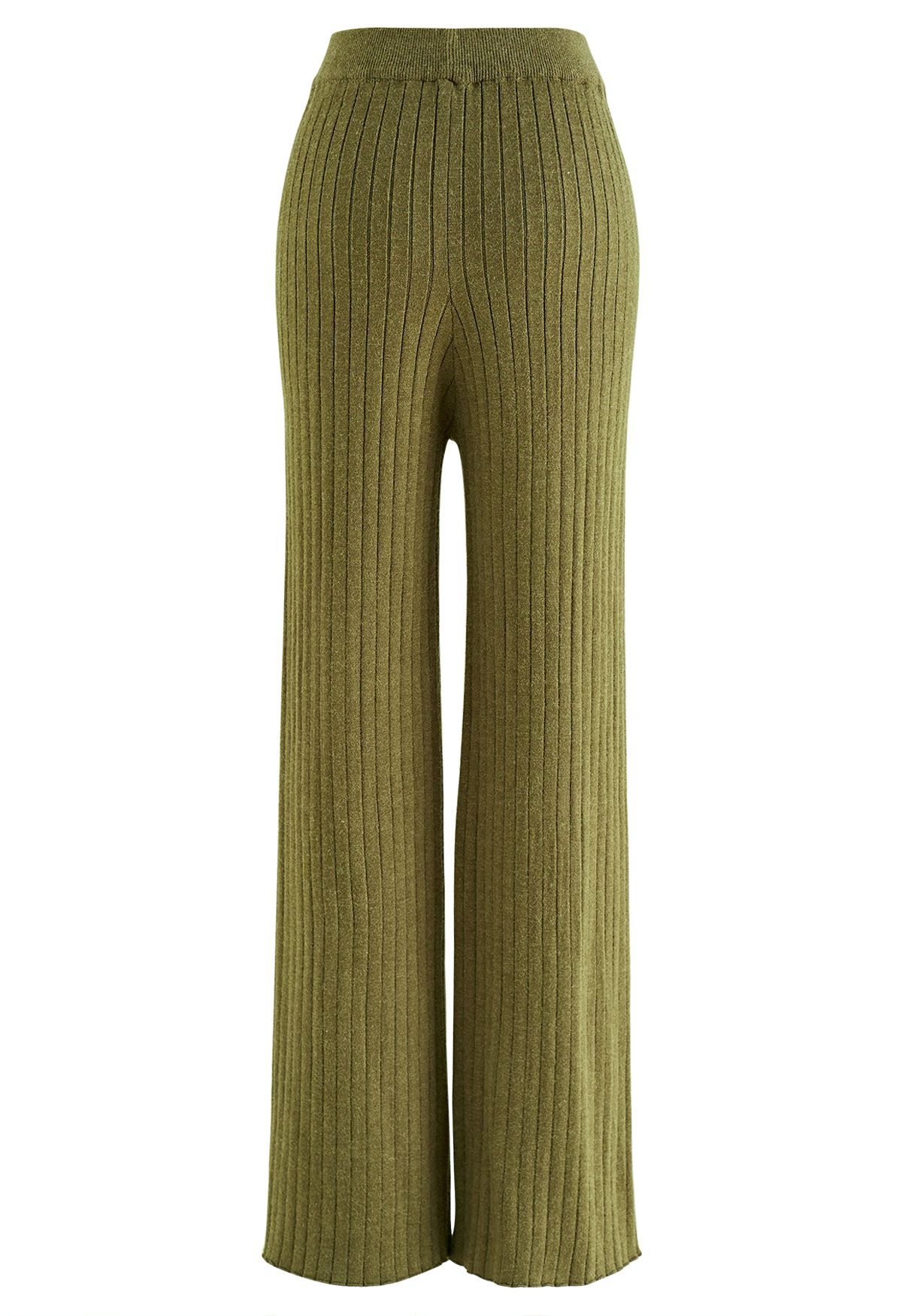 Pantalones de punto de pierna recta acanalados en verde musgo