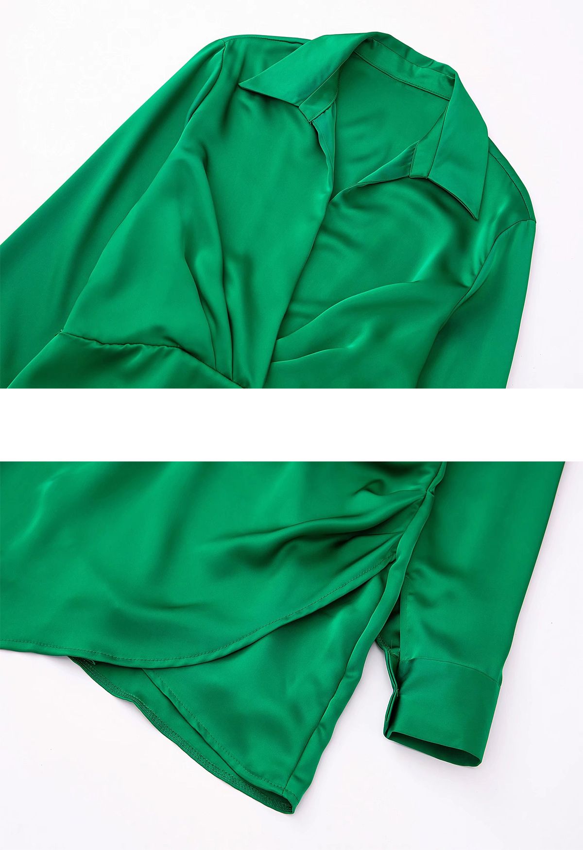 Vestido camisero de satén con escote en V y pliegues delanteros en verde