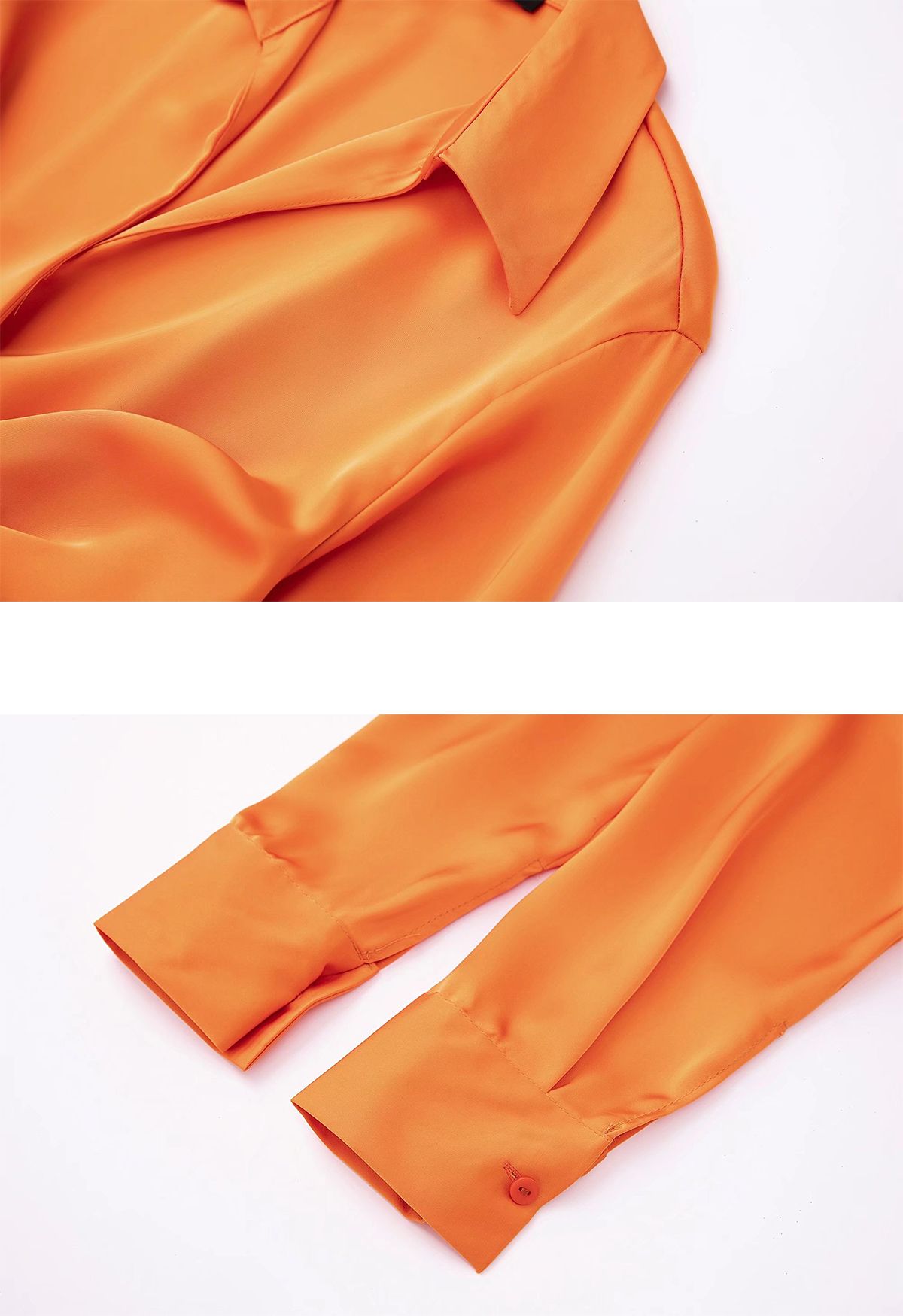 Vestido camisero de satén con escote en V y pliegues delanteros en naranja