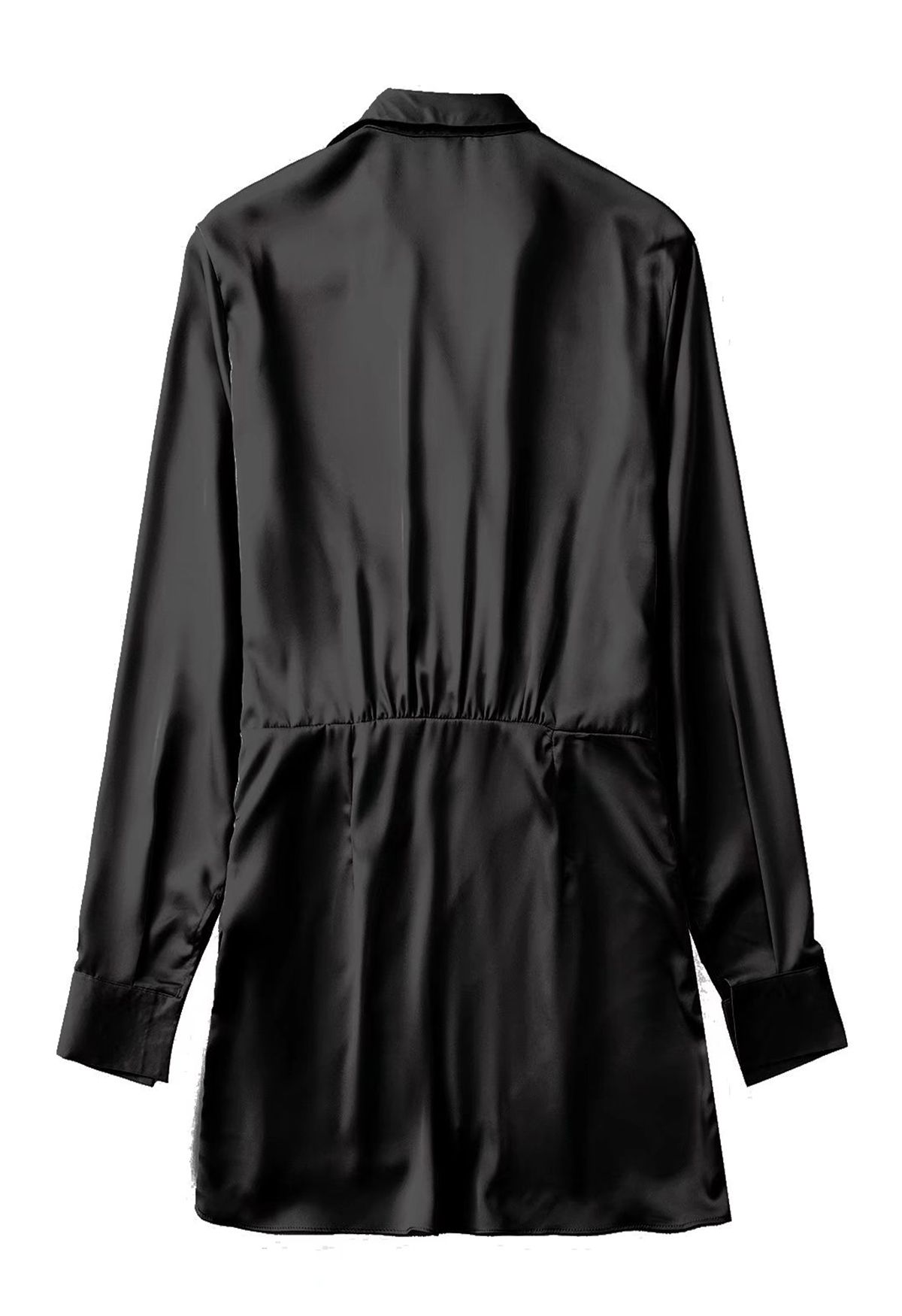 Vestido camisero de satén con escote en V y fruncido en la parte delantera en negro