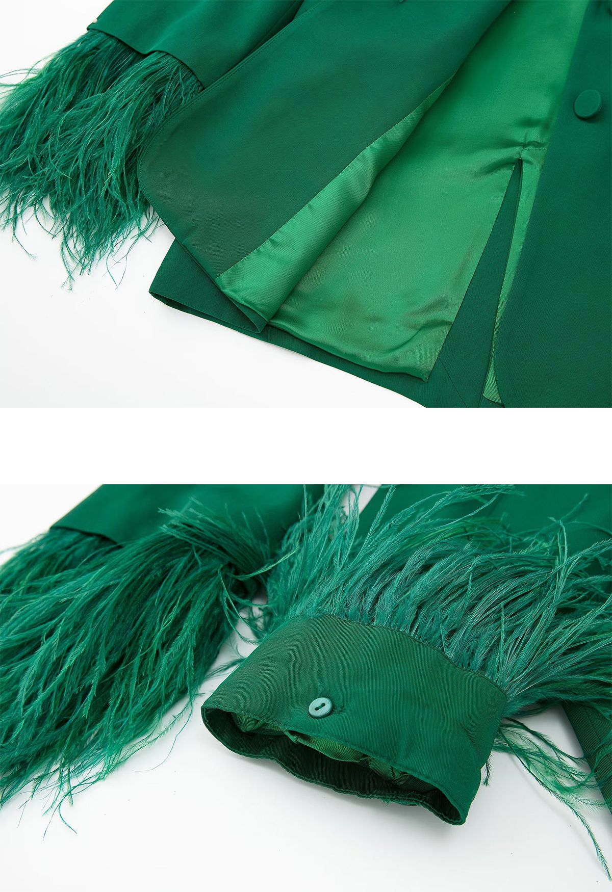 Blazer verde con solapa de muesca y puños de plumas