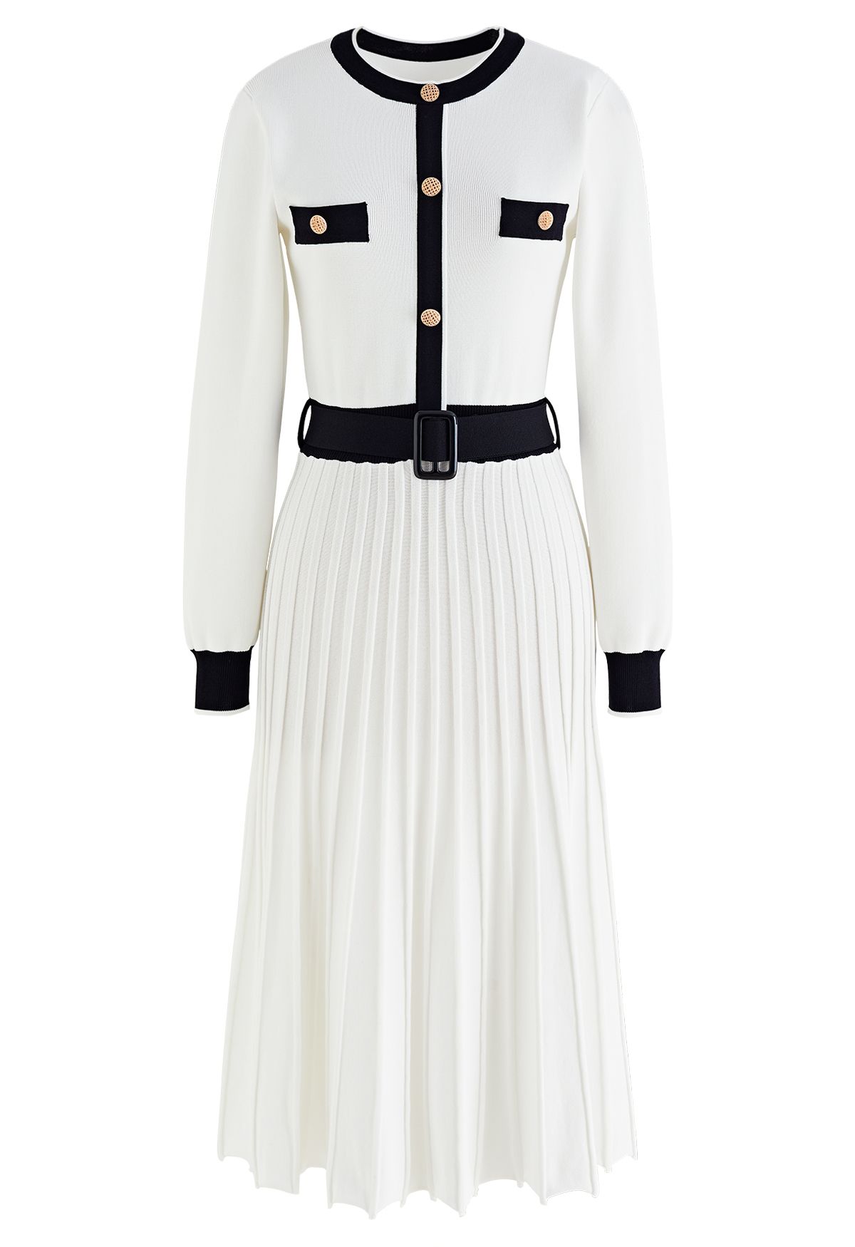 Vestido de punto plisado con cinturón en contraste de color en blanco