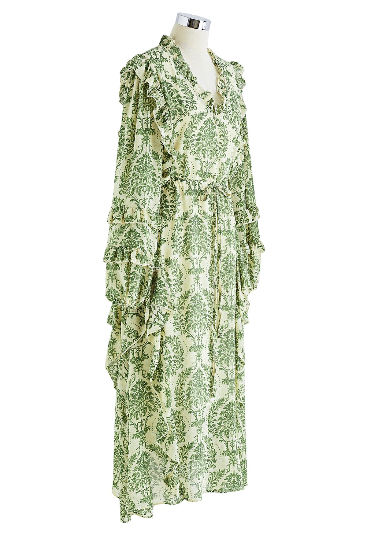 Elegante vestido de gasa con lazo en la cintura y ribete floral con volantes en verde