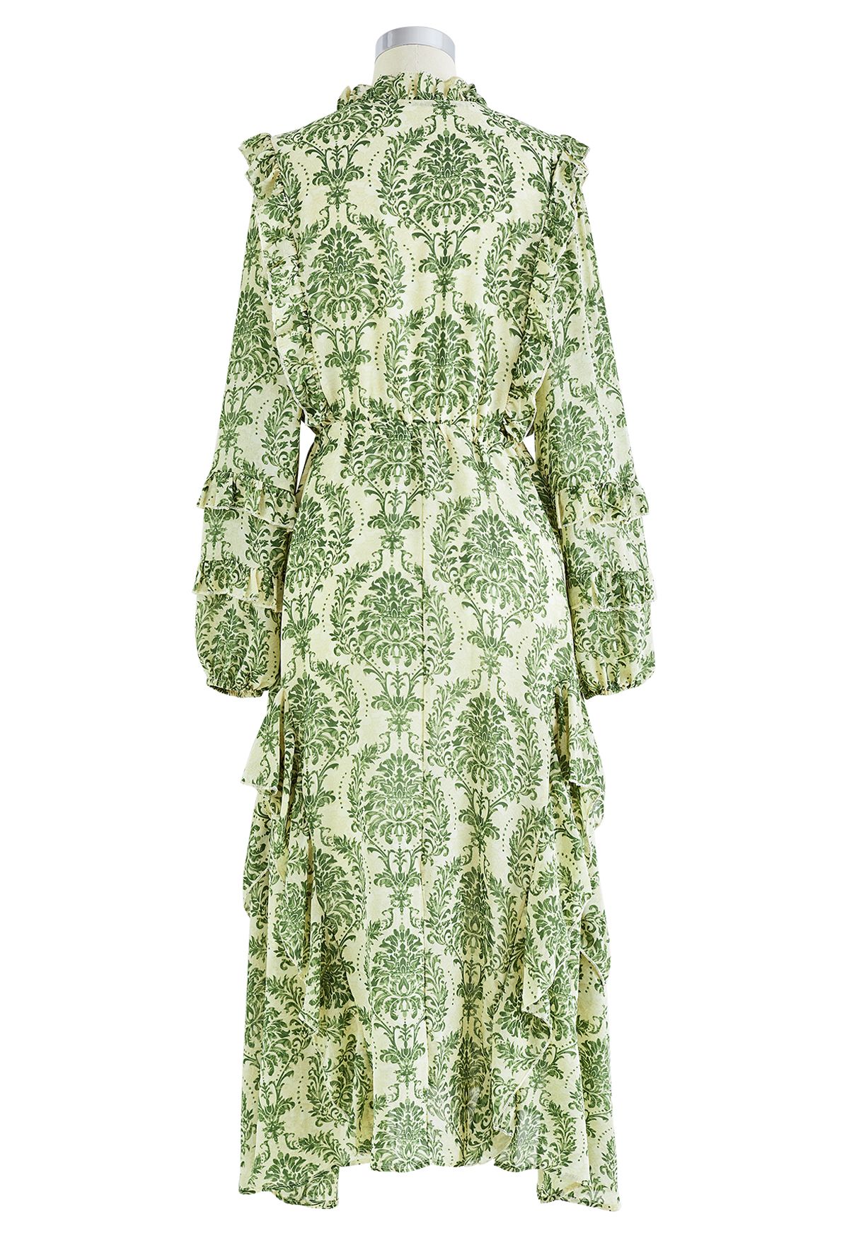 Elegante vestido de gasa con lazo en la cintura y ribete floral con volantes en verde