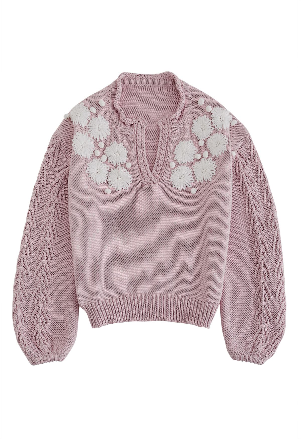 Suéter de punto con cuello en V y puntadas florales de Blooming Passion en rosa
