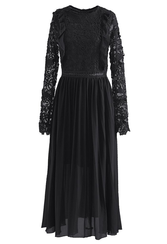 Vestido midi plisado empalmado de gasa de croché floral en negro