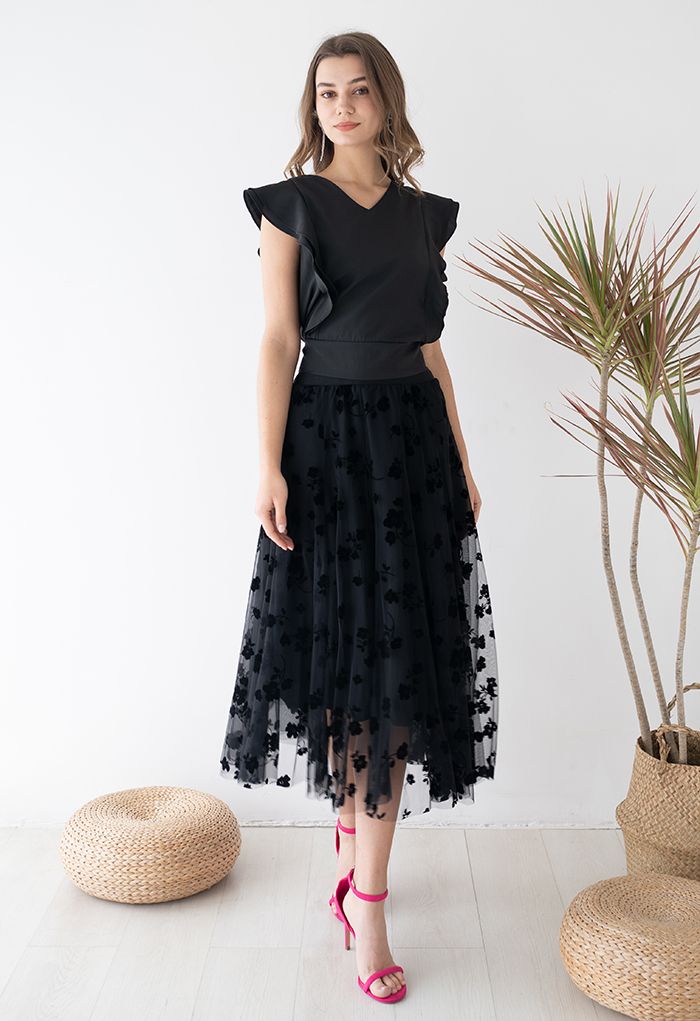 Falda midi de malla de doble capa en negro de 3D Posy