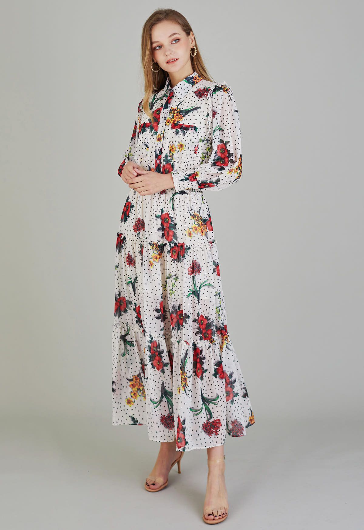 Vestido largo de gasa con estampado floral de lunares