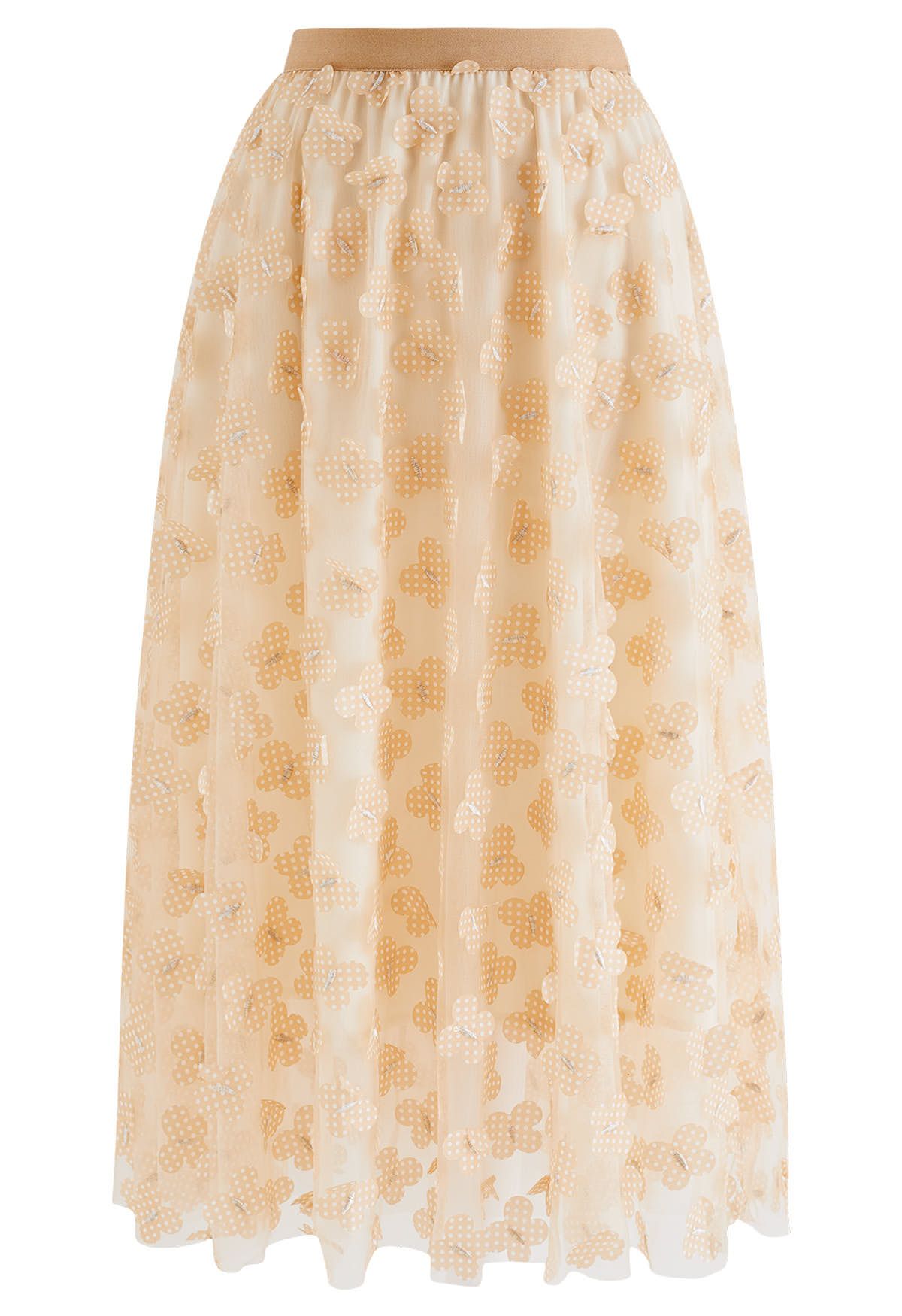 Falda de malla de doble capa con mariposa punteada en 3D en tostado claro