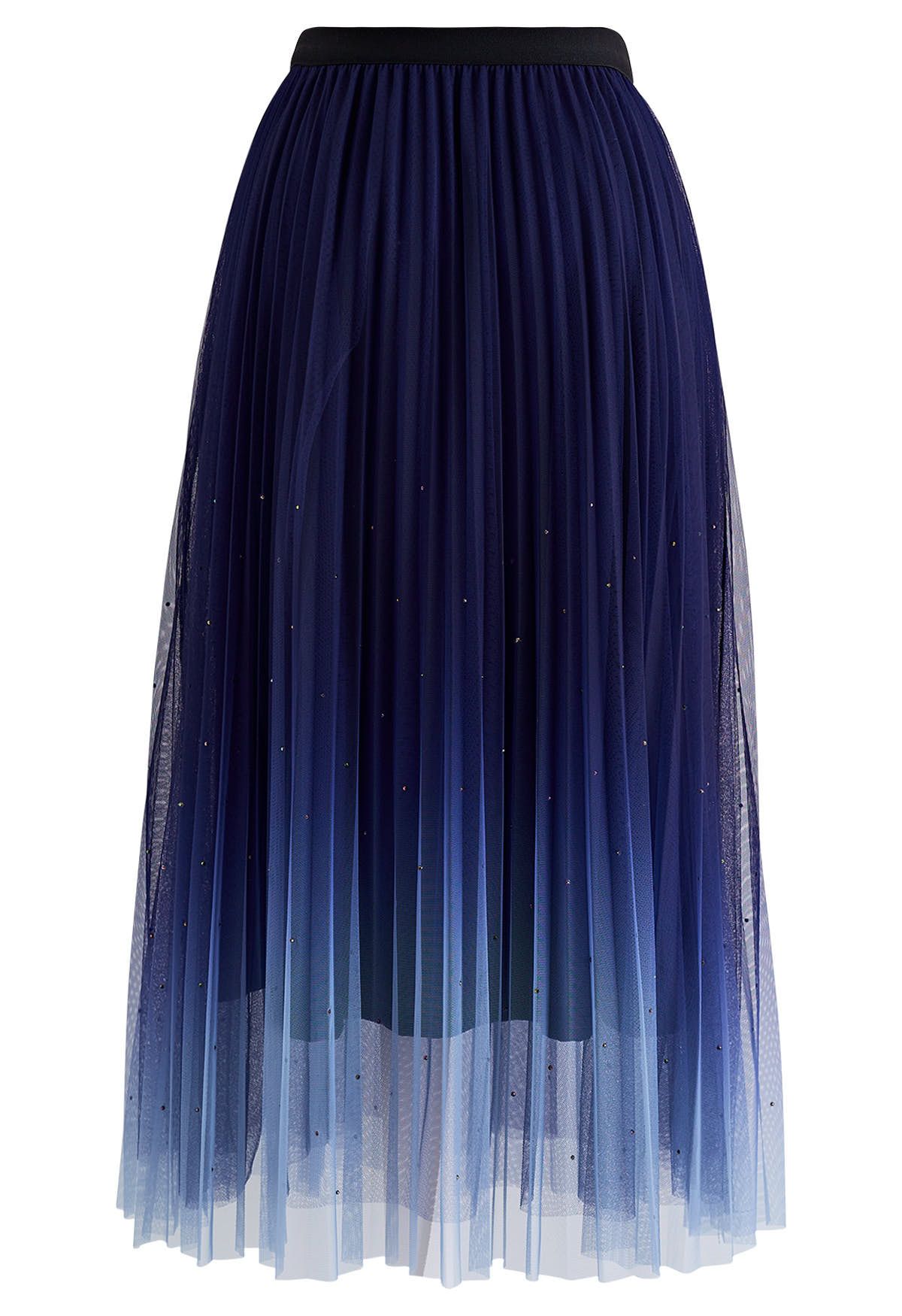 Falda de tul de malla plisada adornada con purpurina en azul marino